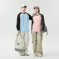 插肩袖长袖T恤糯感超细旦春秋季保暖上衣宽松撞色拼色T恤男女同款