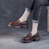 年春夏新款真皮乐福鞋女松糕底搭扣jk单鞋粗跟增高厚底小皮鞋