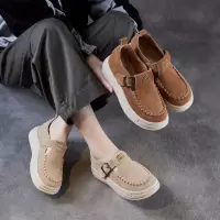真牛皮厚底勃肯鞋女春秋新款中式小个子增高复古皮带扣休闲鞋