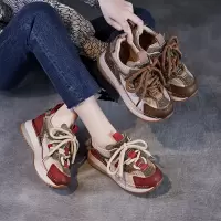 真皮复古老爹鞋新款厚底休闲运动鞋女款烫钻红色鞋子
