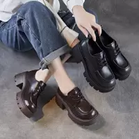 真皮女鞋春秋单鞋新款轻奢擦色厚底小皮鞋英伦复古系带乐福鞋