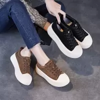 磨砂牛皮圆头系带百搭舒适休闲板鞋春季新款厚底增高真皮女鞋