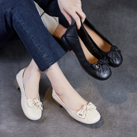 羊皮褶皱软底小单鞋女春夏新法式蛋卷鞋蝴蝶结浅口软底豆豆鞋