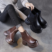 内增高马丁靴女秋冬新款厚底复古短靴真皮小个子高跟切尔西靴