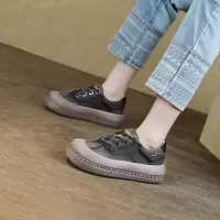 圆头复古深口单鞋女厚底系带时尚休闲鞋真皮春季女鞋中跟板鞋