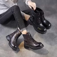 年秋冬新款圆头气质马丁靴女英伦风真皮时尚小牛皮短筒单靴子