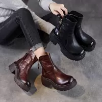 意式轻奢厚底侧拉链马丁靴女秋冬手抓牛皮骑士短靴复古机车靴