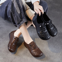 文艺复古真皮编织女鞋秋季新款头层牛皮系带软底软面妈妈单鞋
