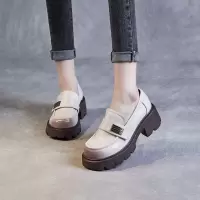 真皮乐福鞋女春新款百搭单鞋厚底粗跟休闲松糕小皮鞋
