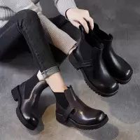 真皮低帮马丁单靴黑色女靴圆头秋季新款切尔西牛皮松紧口短靴