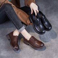 系带乐福鞋女春新款单鞋手抓纹头层真皮软底小皮鞋子