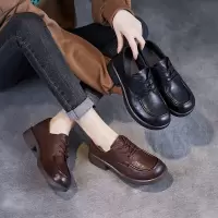 系带乐福鞋女春新款单鞋手抓纹头层真皮软底小皮鞋子