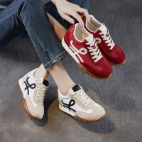 红色厚底德训鞋女鞋新款夏季真皮复古轻便内增高阿甘运动鞋女