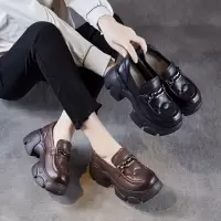 英伦厚底乐福鞋女秋季新款小个子增高单鞋真皮松糕圆头小皮鞋