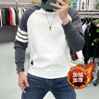 春秋新款卫衣男装织带拼接色潮流加绒加厚圆领休闲秋冬打底衫