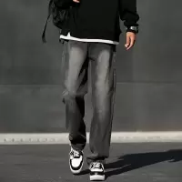 复古烟灰色牛仔裤男美式高街新款春季潮牌宽松直筒休闲长裤子