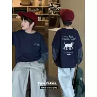 童酷男童秋款帅气小狗印花中小童上衣时尚格子假两件儿童T恤