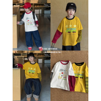 童酷男童秋款时尚卡通印花宝宝上衣拼色条纹假两件儿童T恤潮