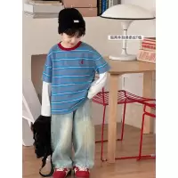 童酷男童秋款湖州织里童装时尚刺绣条纹假两件宽松儿童T恤潮