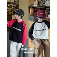 童酷男童秋款美式字母印花宝宝T恤帅气拼色圆领儿童打底衫潮