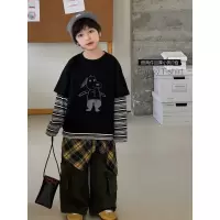 童酷男童秋款韩版小狗印花宝宝上衣条纹假两件加厚儿童T恤潮