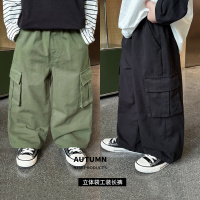 童酷男童秋款洋气纯色中小童长裤山系立体袋宽松儿童工装裤潮