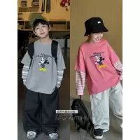 童酷男童秋款湖州织里童装时尚条纹假两件米奇印花儿童T恤潮