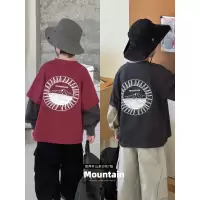 童酷男童秋季新款山系个性印花宝宝上衣拼色假两件儿童T恤潮