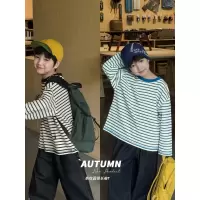 童酷男童秋季新款湖州织里童装洋气明线条纹圆领宽松儿童T恤