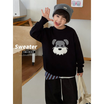 童酷男童秋款可爱雪纳瑞小狗提花宝宝针织衫圆领宽松儿童毛衣