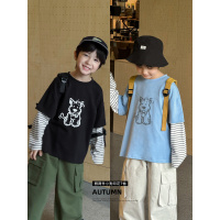 童酷男童秋款时尚小狗印花宝宝上衣洋气条纹假两件儿童T恤潮