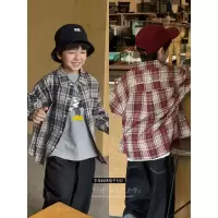 童酷男童秋款湖州织里童装中小童洋气字母刺绣格子儿童衬衫潮