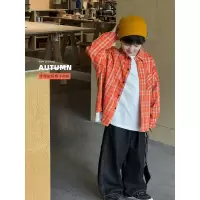 童酷男童秋款湖州织里童装洋气字母贴标格子翻领宽松儿童衬衫