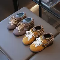 年秋款格子花边女童德训鞋软底舒适中小童运动鞋绒皮儿童单鞋