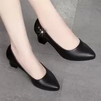 单鞋女春秋新款舒适软底粗跟防滑女士皮鞋中跟黑色工作鞋中年女鞋