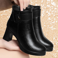 短靴女冬新款防水台高跟时装女靴子棉鞋粗跟加绒女士皮靴棉鞋