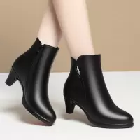 短靴女秋冬新款舒适棉鞋中跟加绒靴子中年女士皮鞋妈妈单靴