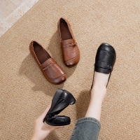 中老年深口复古单鞋女秋季新款真皮平跟软底一脚蹬圆头妈妈鞋