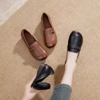 中老年深口复古单鞋女秋季新款真皮平跟软底一脚蹬圆头妈妈鞋