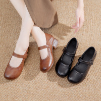 牛皮妈妈鞋春秋软底防滑浅口单鞋中老年休闲复古粗跟魔术贴皮鞋女