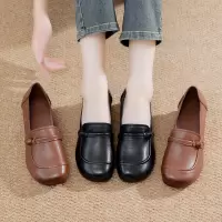 秋季新款复古真皮粗跟真皮妈妈鞋圆头舒适一脚蹬浅口女士单鞋