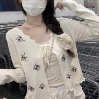 刺绣花朵木耳边针织衫女春秋季设计感系带修身长袖防晒开衫上衣潮