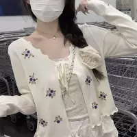 刺绣花朵木耳边针织衫女春秋季设计感系带修身长袖防晒开衫上衣潮