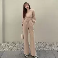 加绒V领炸街短款卫衣+高腰显瘦阔腿长裤运动时尚套装女拖地长裤潮