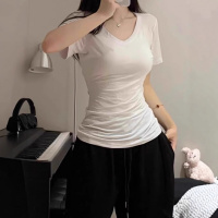 含棉 简约欧美基础款短袖T恤夏季修身短款正肩V领纯色韩版上衣潮