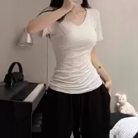 含棉 简约欧美基础款短袖T恤夏季修身短款正肩V领纯色韩版上衣潮