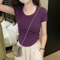含棉 纯色U领短袖T恤女抽褶不规则设计感夏季新款百搭修身上衣INS
