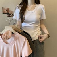 含棉 设计感短袖T恤女新款夏季抽绳短款辣妹纯色圆领上衣ins