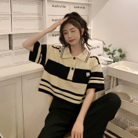 复古polo领条纹T恤女夏季新款宽松INS短款设计感别致短袖针织上衣