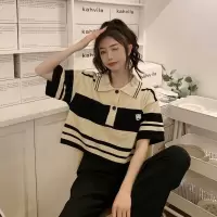 复古polo领条纹T恤女夏季新款宽松INS短款设计感别致短袖针织上衣